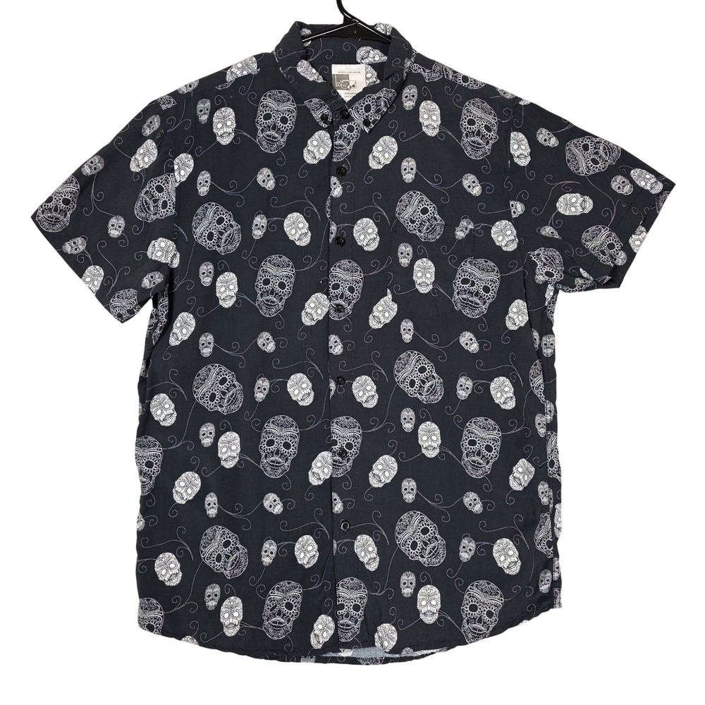 Mr Buho Button Down Sugar Skull Rayon Shirt Mens L Black GOOD Gothic Skeleton